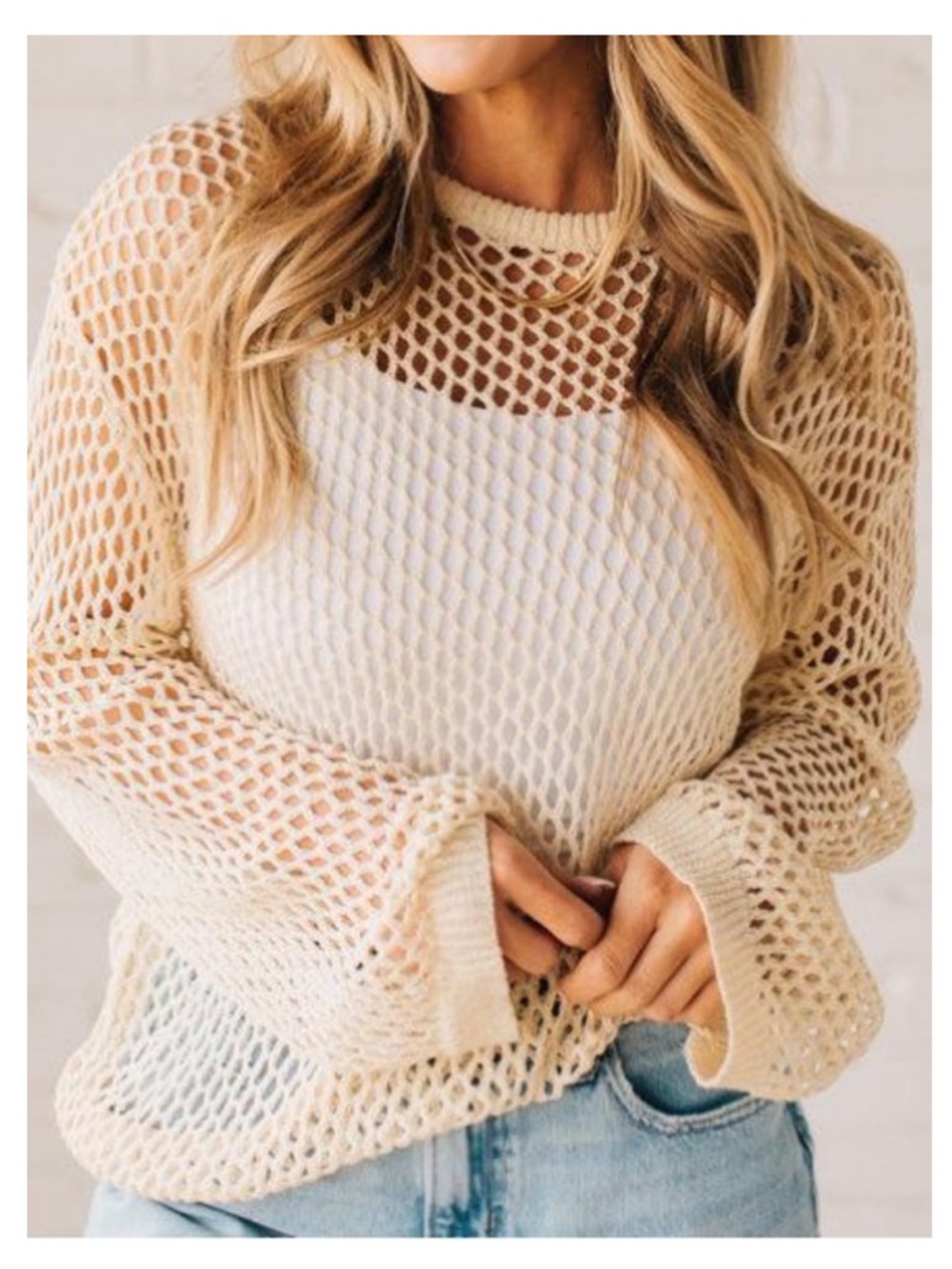 🟠NWT BIBI Open Knit Drop Shoulder Pullover in Cream MED - Picture 6 of 11